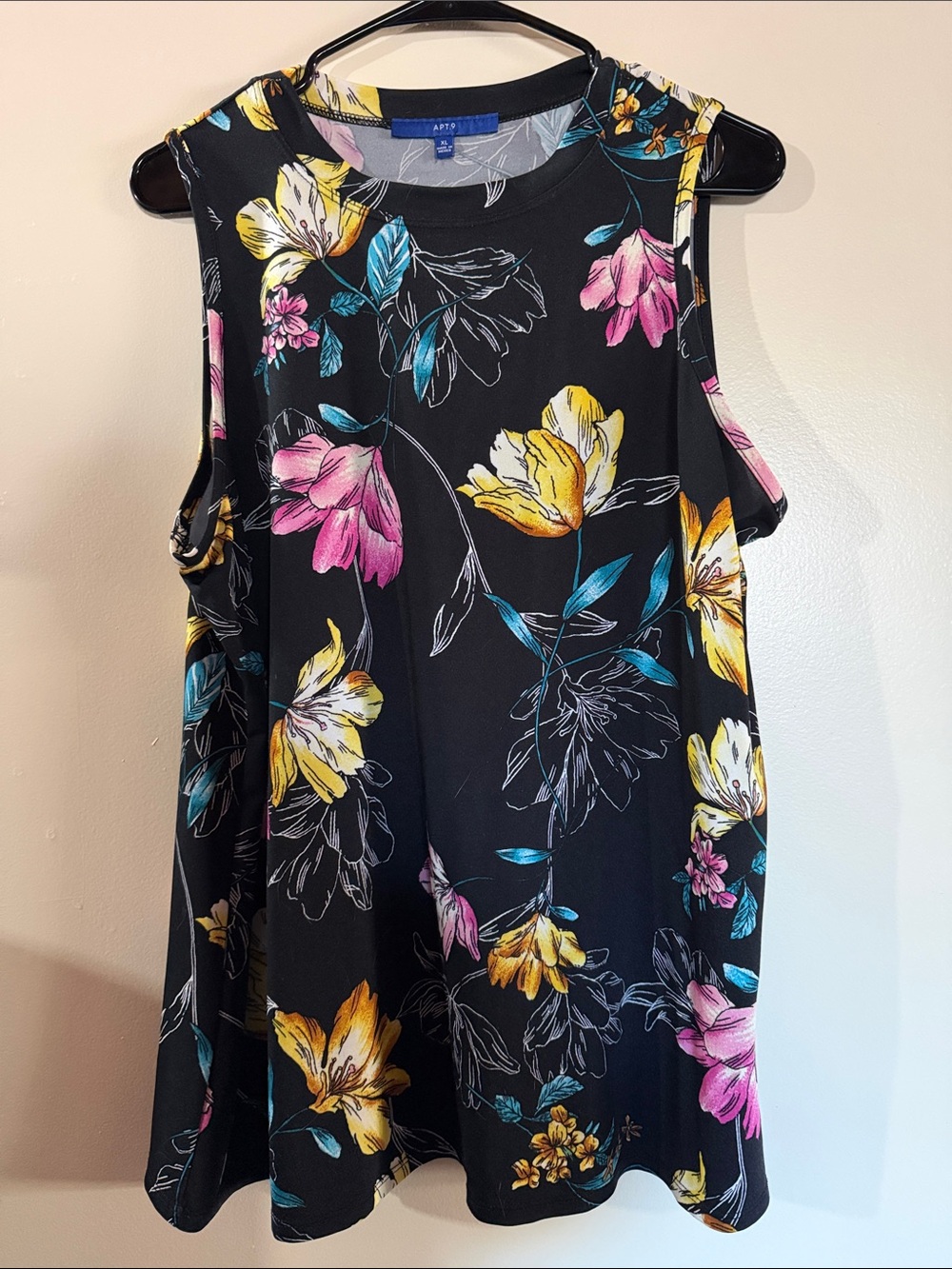 Apt. 9 Black Floral Sleeveless Tank with Yellow Pink & Teal Flowers